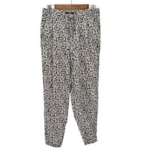 Mango Womens Casual Pants Black White Floral Print Elastic Waist